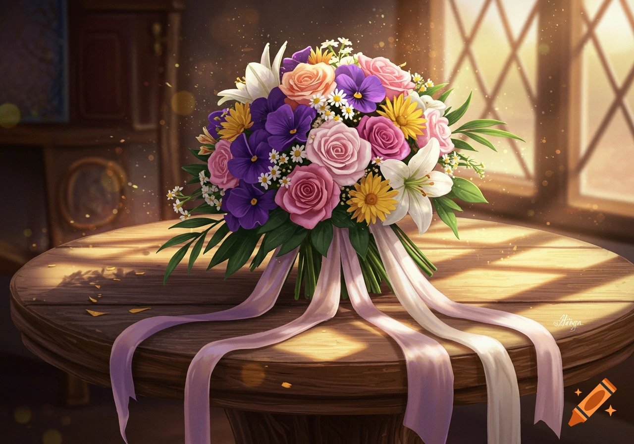 A vibrant wedding bouquet with pink roses, purple pansies, white lilies, and yellow daisies on a wooden table, illuminated by sunlight.
