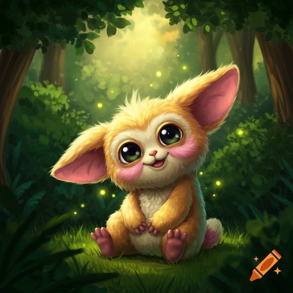 Cute, fluffy, big-eyed creature with large ears and pink cheeks sits in a magical forest with glowing fireflies in a stylized art style.