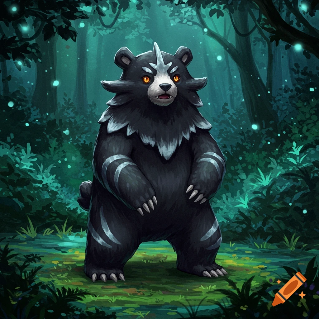 A black bear-like fantasy creature with white markings and orange eyes stands in a glowing, dark forest. Digital art.