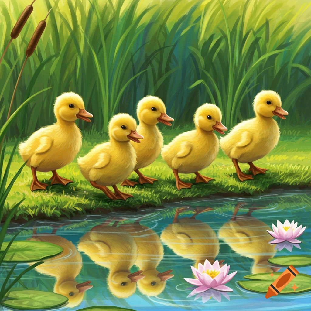 Five fluffy yellow ducklings walk along a grassy bank beside a pond with water lilies, depicted in a charming illustration.