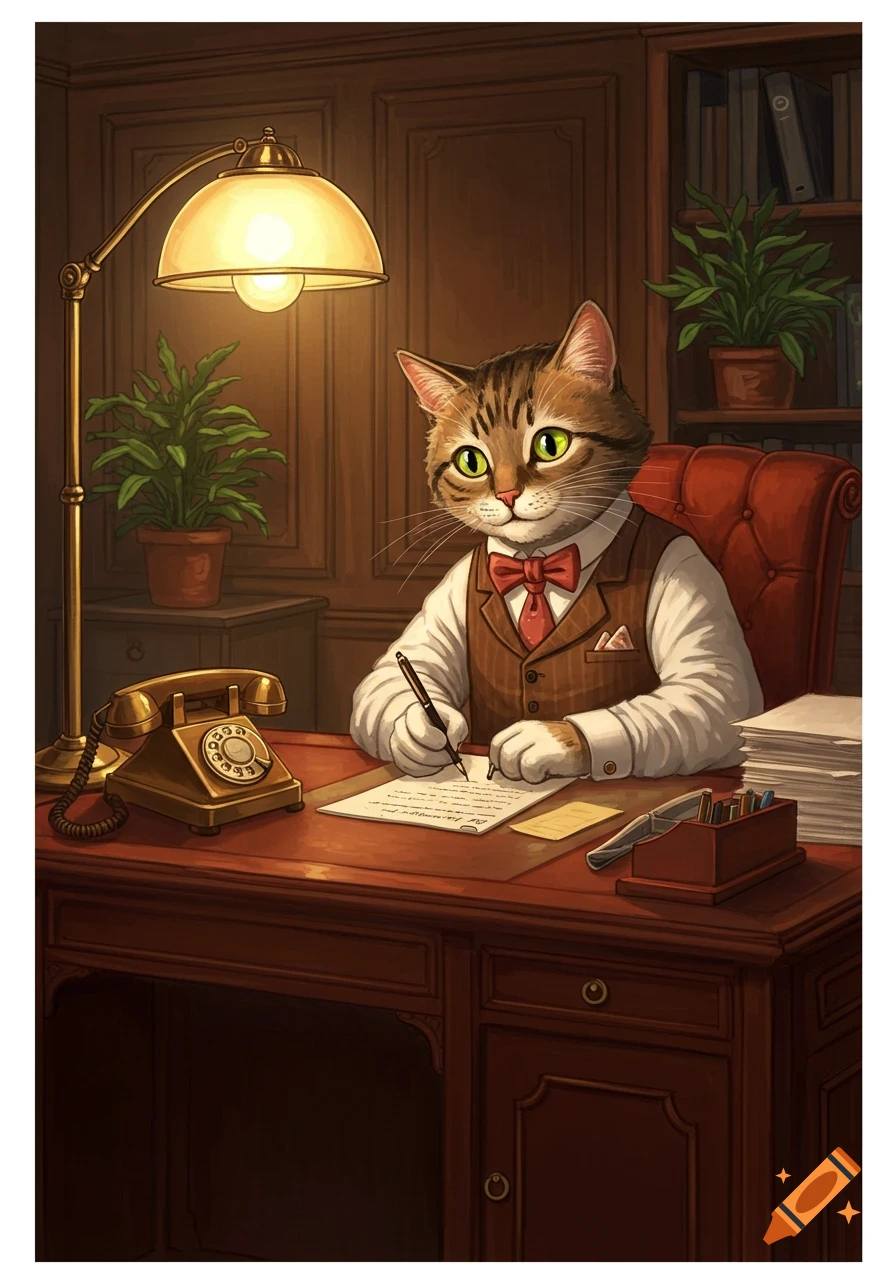 An anthropomorphic tabby cat in a suit and bow tie sits at a vintage wooden desk, writing with a pen under a desk lamp.