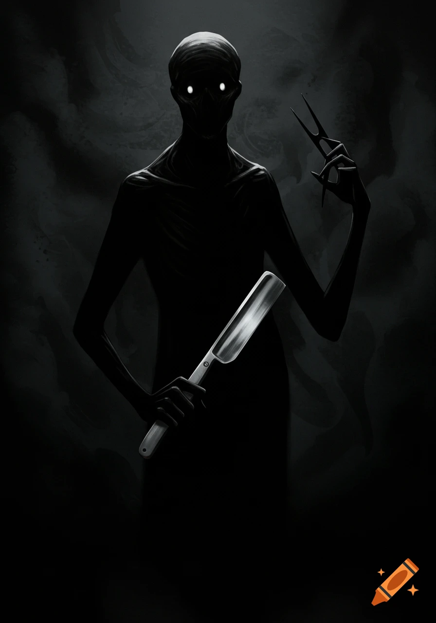 A dark, creepy shadow figure with glowing eyes holds a straight razor and a sharp, pointed tool in a minimalist, black and gray illustration.
