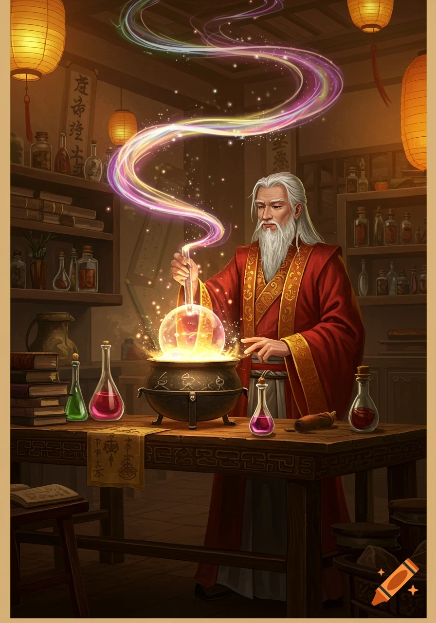 An old Chinese alchemist with a white beard brews a glowing potion in a cauldron, surrounded by bottles and scrolls.