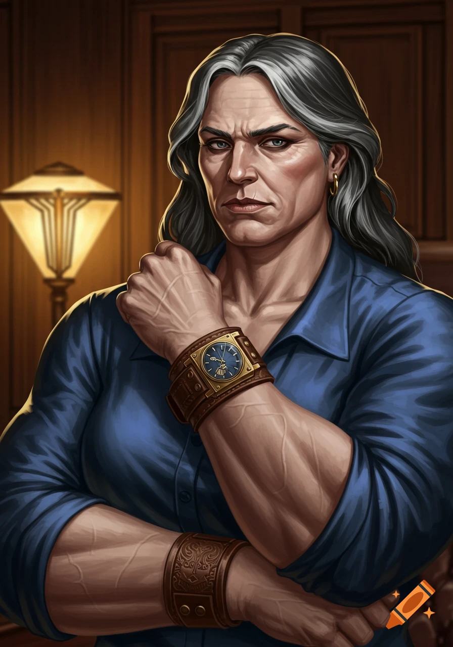 A stern, muscular woman with gray hair wears a blue shirt and a wide leather watch, looking at the viewer.
