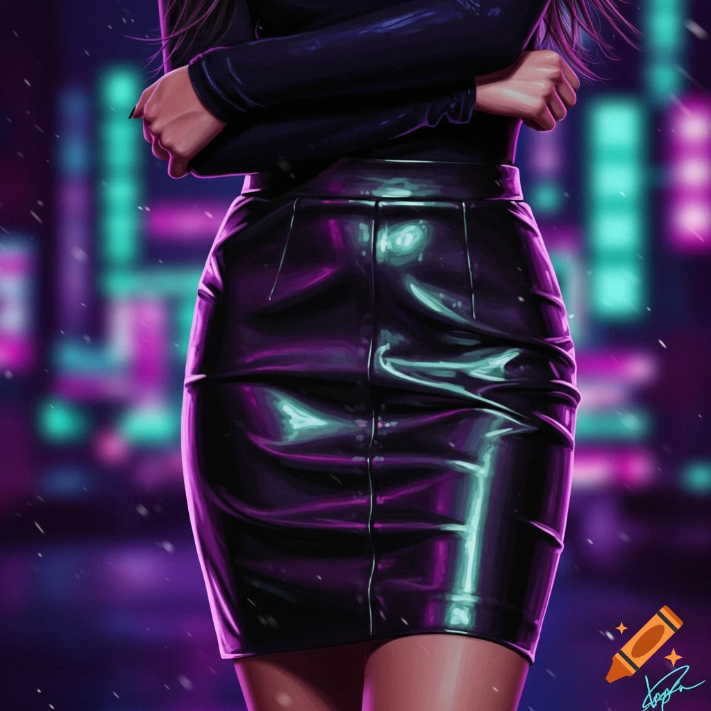 A digital illustration of a person wearing a shiny black leather skirt and dark top, against a blurred neon cyberpunk city background.