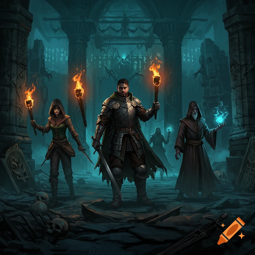 A grim dark fantasy adventuring party with torches exploring a ruined dungeon filled with skulls and ancient pillars.