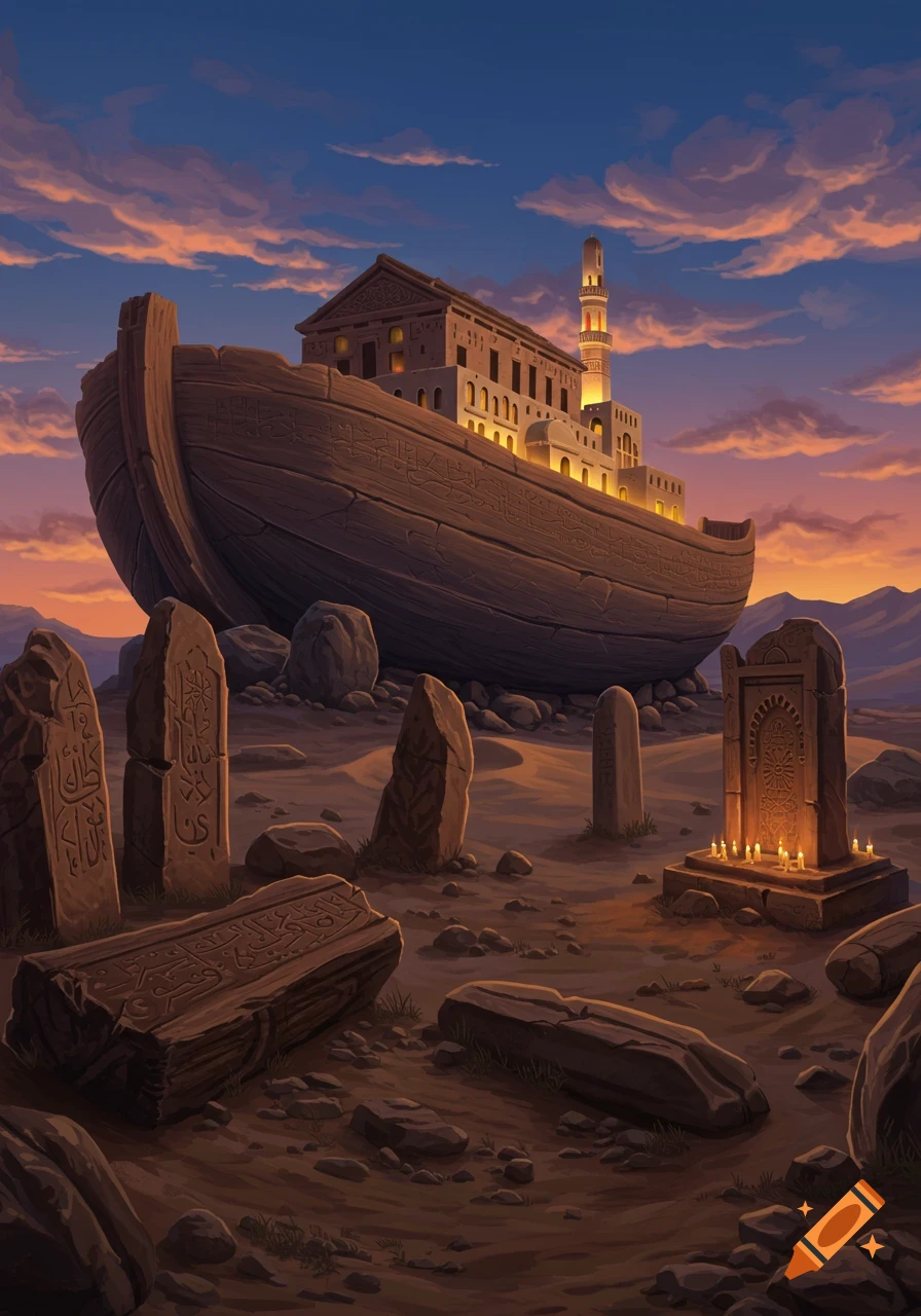 A large, ancient wooden ark with buildings and a minaret on top, surrounded by gravestones in a desert landscape at sunset.