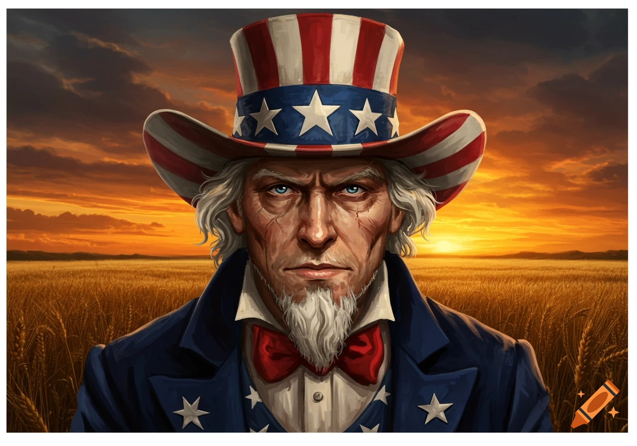 Detailed illustration of Uncle Sam wearing an American Flag cowboy hat, standing sternly in a golden wheat field at sunset.