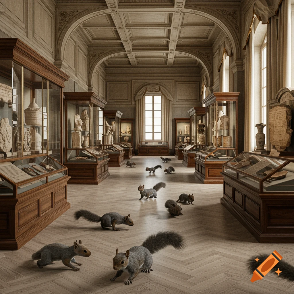 Numerous squirrels roam freely inside a grand, ornate history museum gallery with tall display cases and arched ceilings.