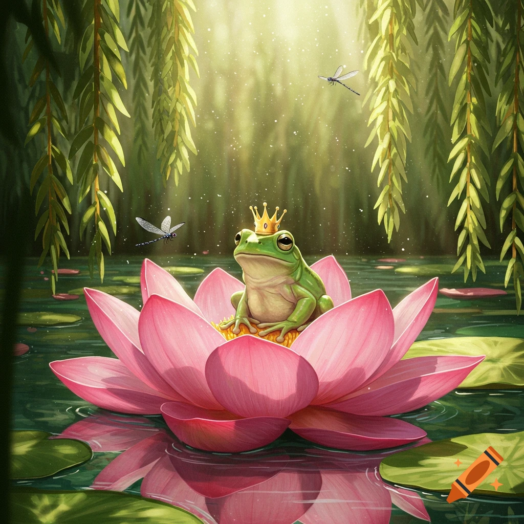 A cute frog wearing a golden crown sits on a vibrant pink lotus flower in a magical pond scene with willow trees and dragonflies.