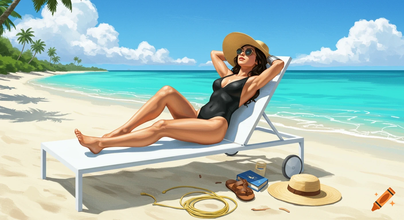Illustrated Wonder Woman in a black swimsuit, sunglasses, and a sun hat, relaxing on a lounger on a sunny tropical beach.