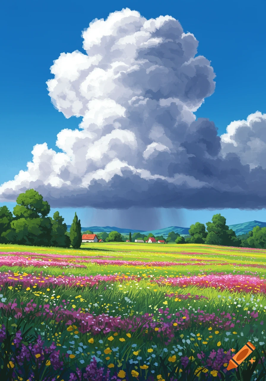 Vibrant anime landscape with a large cumulus cloud above colorful flower fields, green trees, a small village, and distant mountains.