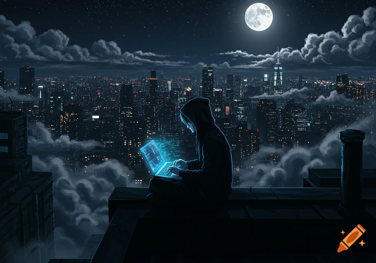 Hooded hacker works on a glowing laptop on a city rooftop at night, overlooking a sprawling cityscape under a full moon, in an anime style.