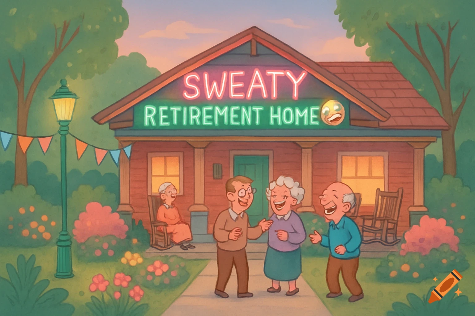 A cheerful cartoon shows a retirement home with a neon sign that reads "SWEATY RETIREMENT HOME" and a sweating emoji. Happy elderly people are gathered outside.