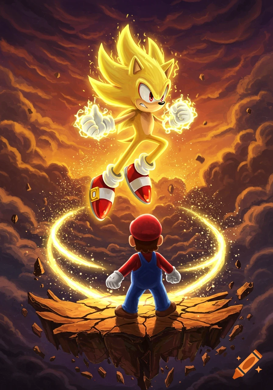 Super Sonic floats menacingly above Mario on a crumbling island, surrounded by golden energy in a vibrant digital art style.
