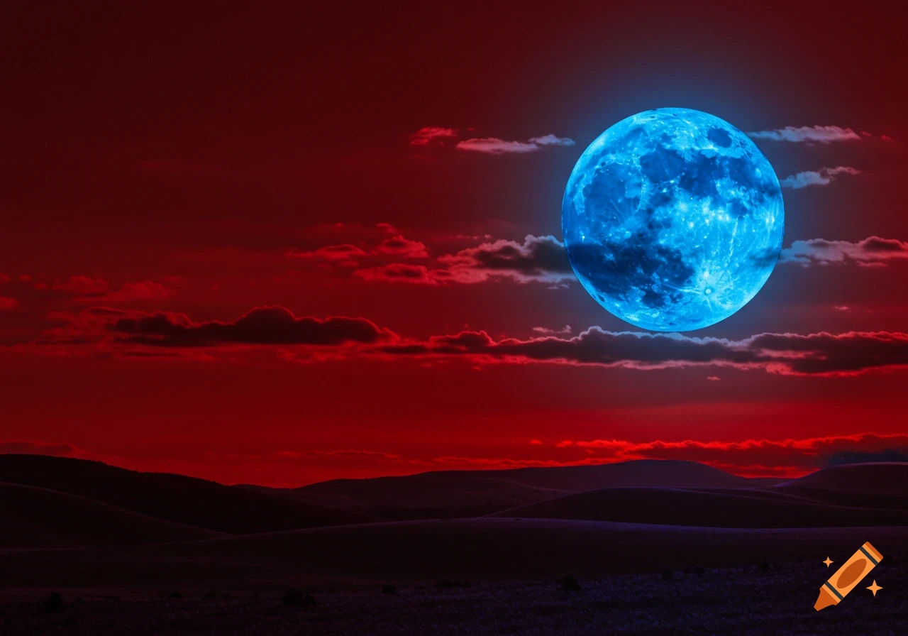 A large glowing blue moon illuminates a vibrant red sky filled with dark clouds above rolling hills at night.