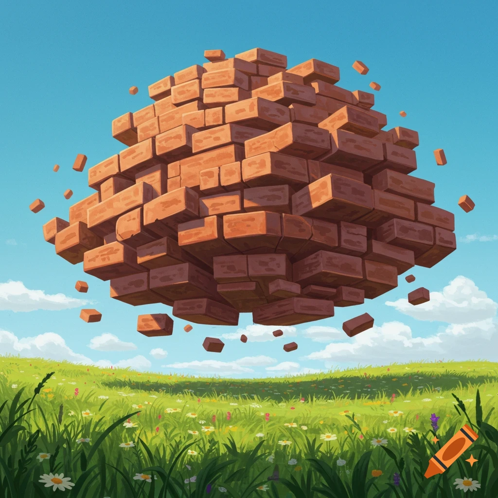 A large, floating cloud of red bricks hovers above a vibrant green field with small white and yellow flowers under a clear blue sky.