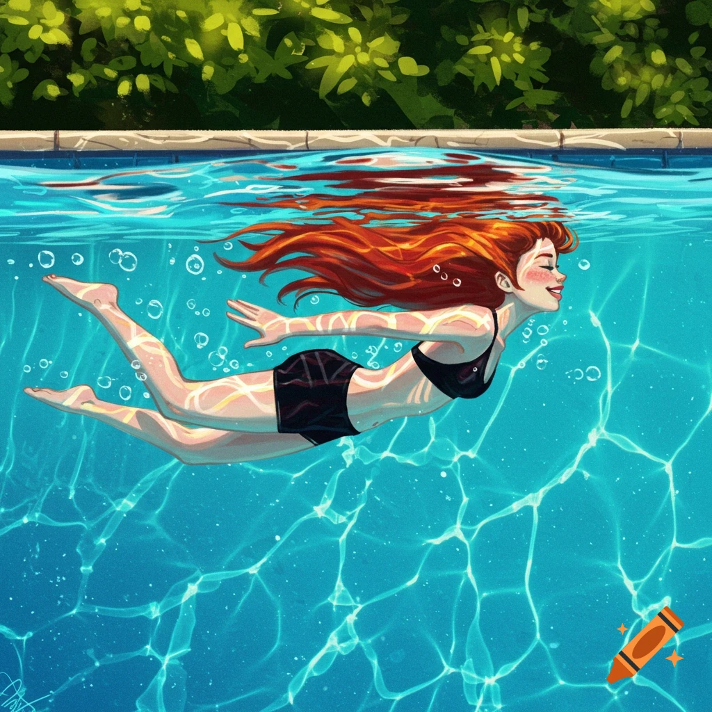Stylized digital art of a redhead girl in a black swimsuit swimming underwater in a bright blue pool, with sun patterns on her body.