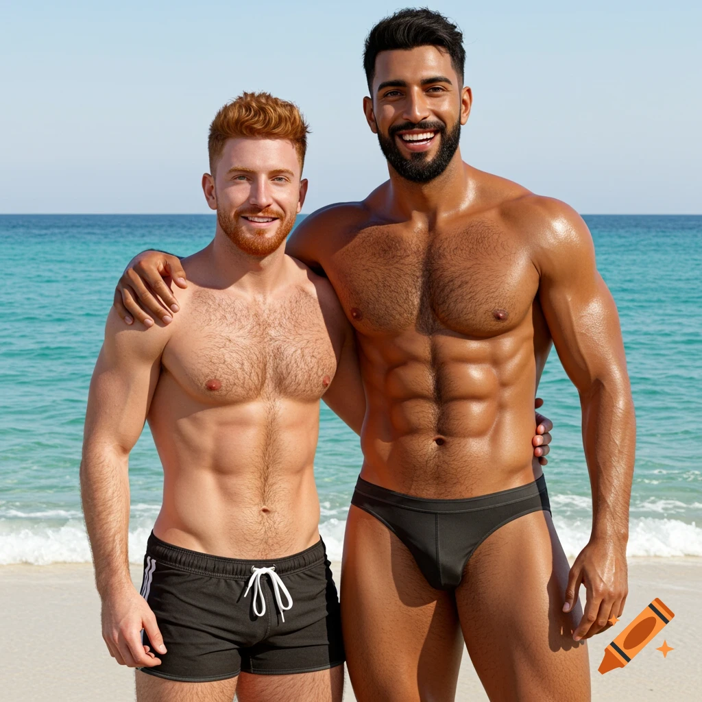 Two smiling, muscular men in swimwear stand on a beach with blue water behind them. Photorealistic.