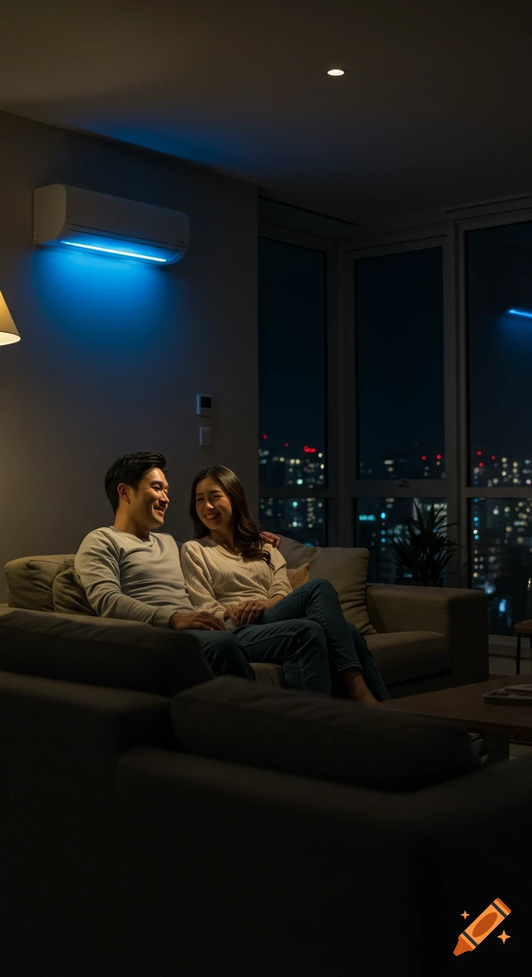 A man and woman sit on a sofa in a modern, cozy living room at night, smiling at each other. A blue-lit AC is on the wall, and city lights are visible outside.