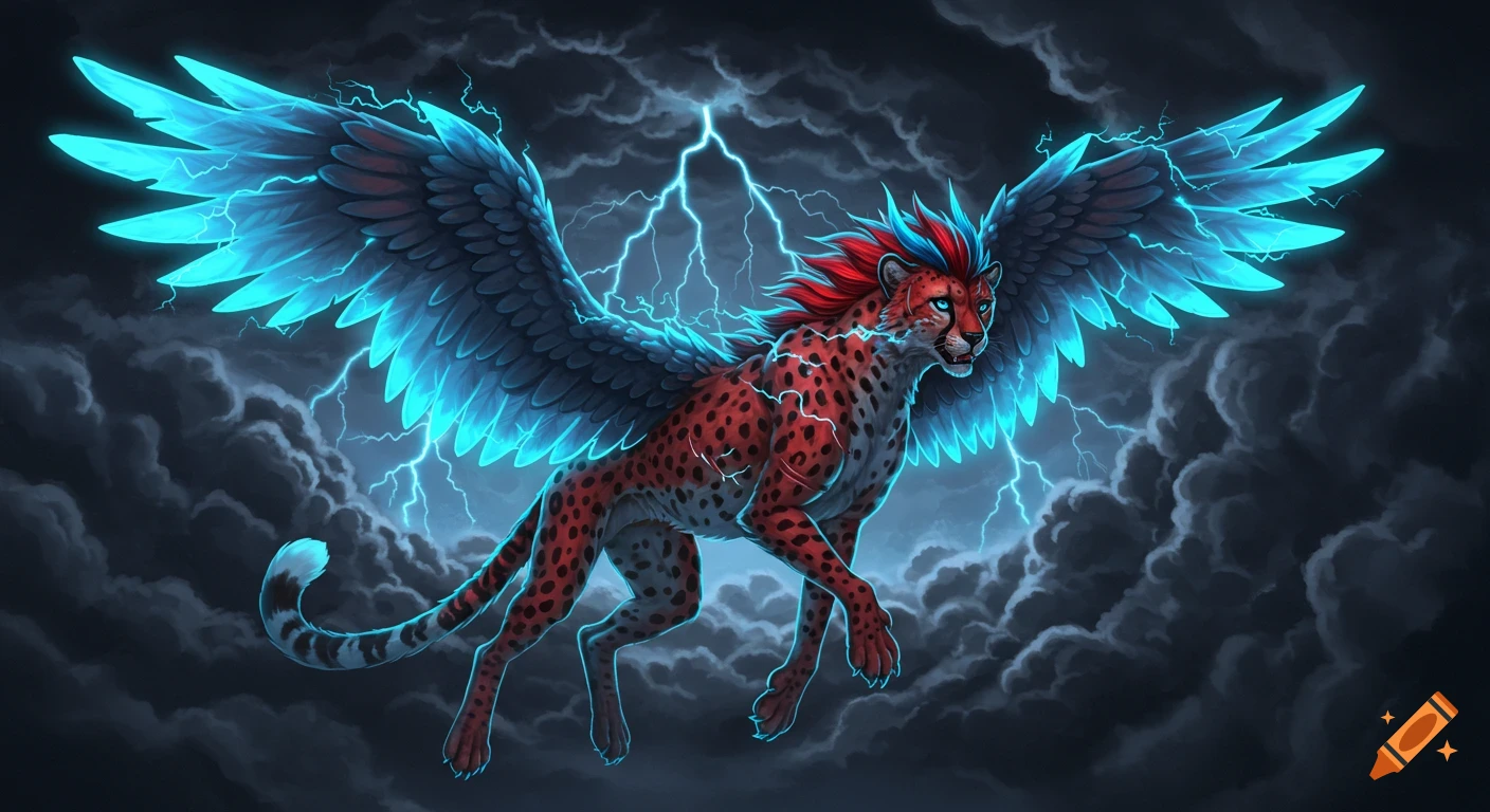 A red-spotted cheetah with glowing blue wings and a red-blue mohawk flies through a stormy sky with lightning. Digital illustration.