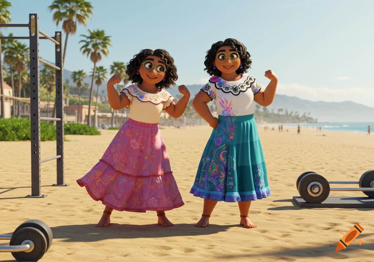 3D cartoon of Mirabel and her mom from Encanto flexing muscles on a sunny beach with gym equipment.