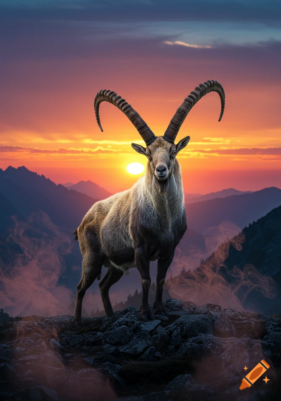 A majestic Ibex with large curved horns stands on a rocky mountain peak against a vibrant sunset and hazy distant mountains.