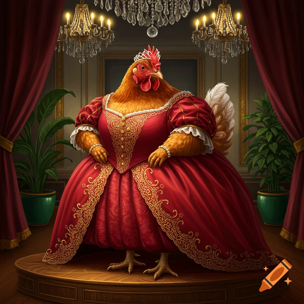 A majestic hen in an elaborate red and gold gown and tiara stands on a wooden pedestal in an opulent room with chandeliers and red drapes.