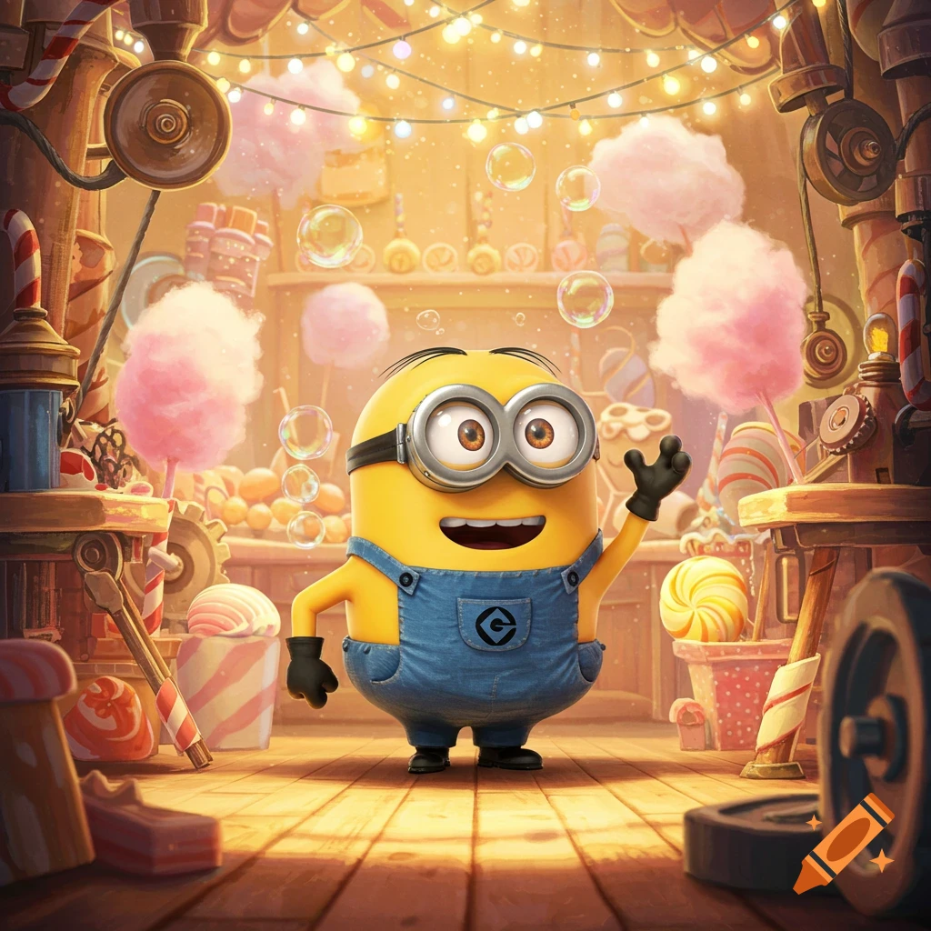 A happy Minion waves in a bright, detailed candy factory with cotton candy and bubbles.