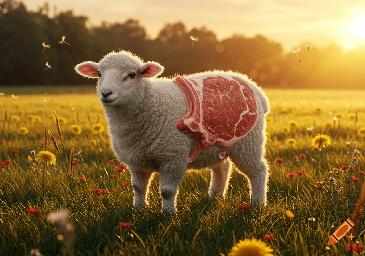 A cute lamb in a sunny meadow with a raw lamb chop seamlessly integrated into its side.