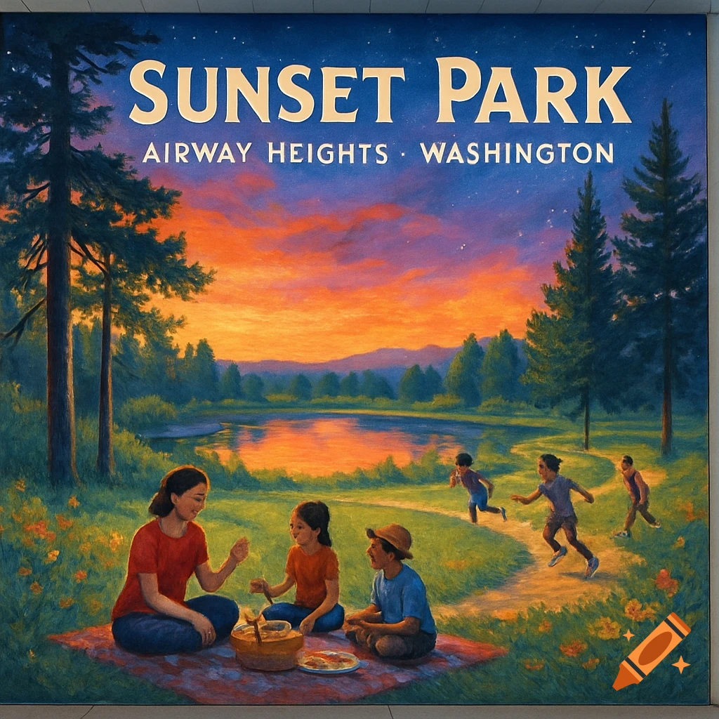 A painterly mural of a family having a picnic and children playing in Sunset Park, Airway Heights, Washington, at sunset.