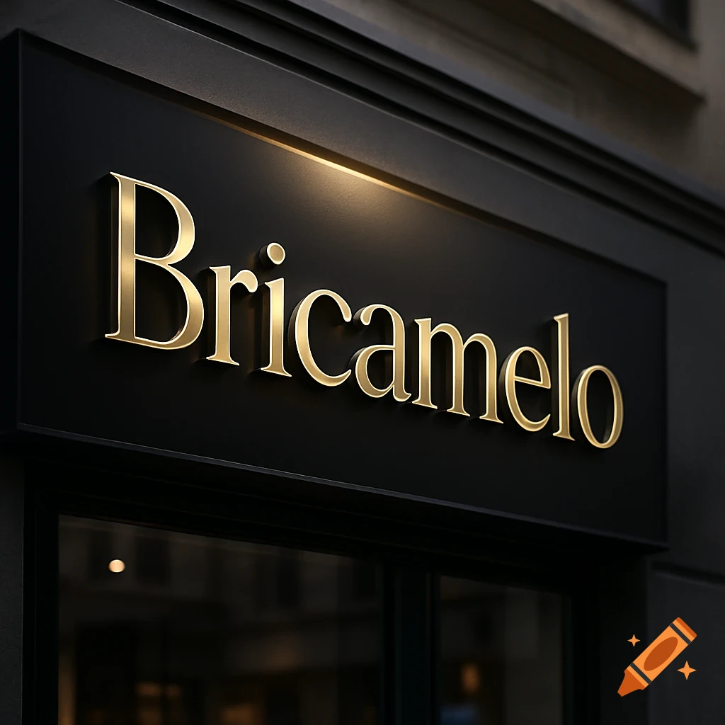 Close-up of a black store sign with golden 3D letters spelling "Bricamelo", illuminated by a warm light.