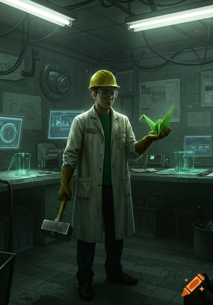 An engineer in a hard hat and lab coat holds a glowing green origami bird and a hammer in a dark, cluttered lab.