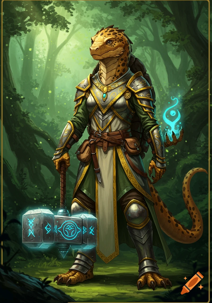 A reptilian humanoid cleric in ornate armor stands in a forest, holding a glowing war hammer and casting a spell, in a D&D art style.