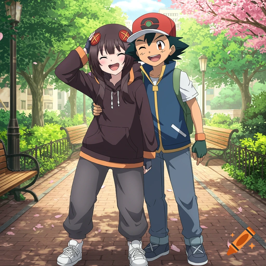 Anime style image of Ash Ketchum with his arm around Megumin, both smiling in a park with cherry blossoms.