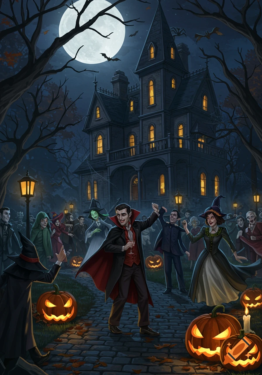 Detailed illustration of a Halloween party at night outside a haunted mansion, with costumed characters and glowing jack-o'-lanterns.