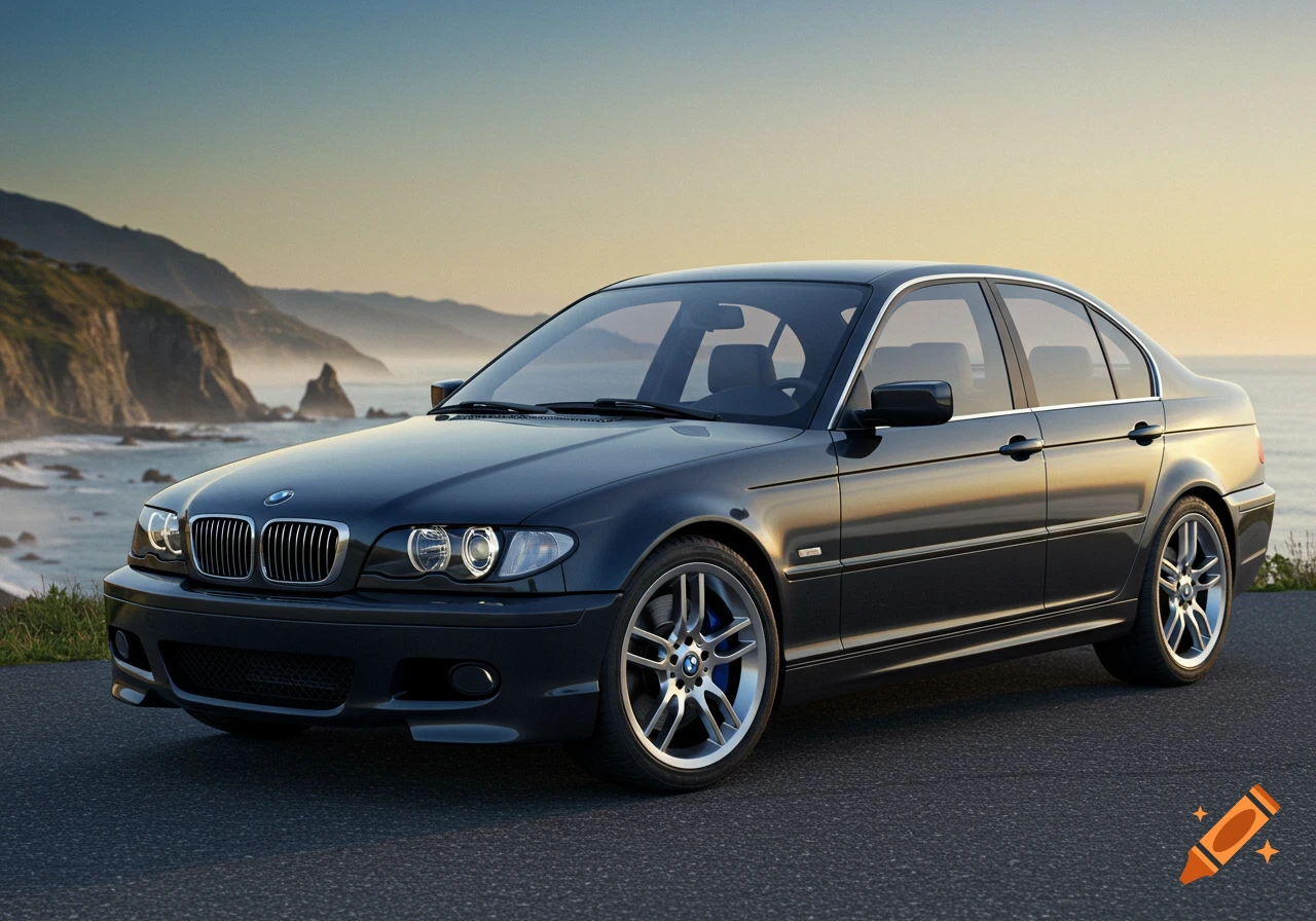 A dark grey BMW e46 sedan parked on a road overlooking a scenic ocean and rocky coastline at sunset, photorealistic style.