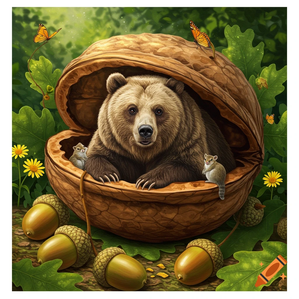 A brown bear and small rodents inside a giant walnut shell, surrounded by acorns, green leaves, and butterflies in an illustrative forest scene.