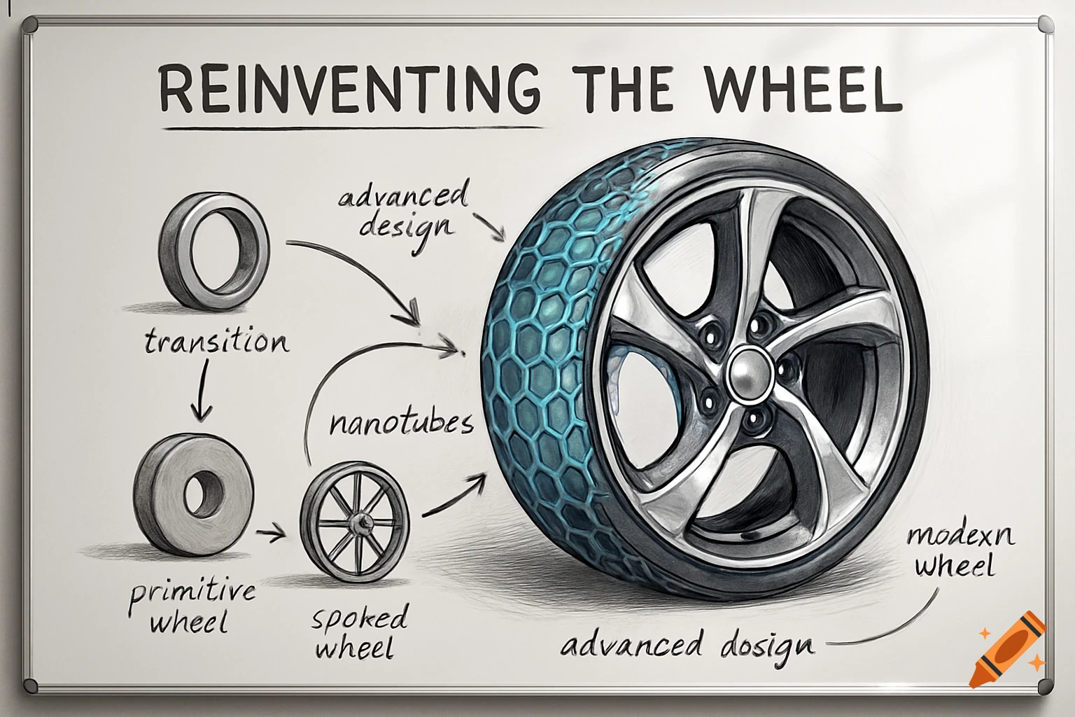 A whiteboard diagram illustrating the evolution of a wheel from a primitive form to an advanced design with nanotubes, in a sketch style.