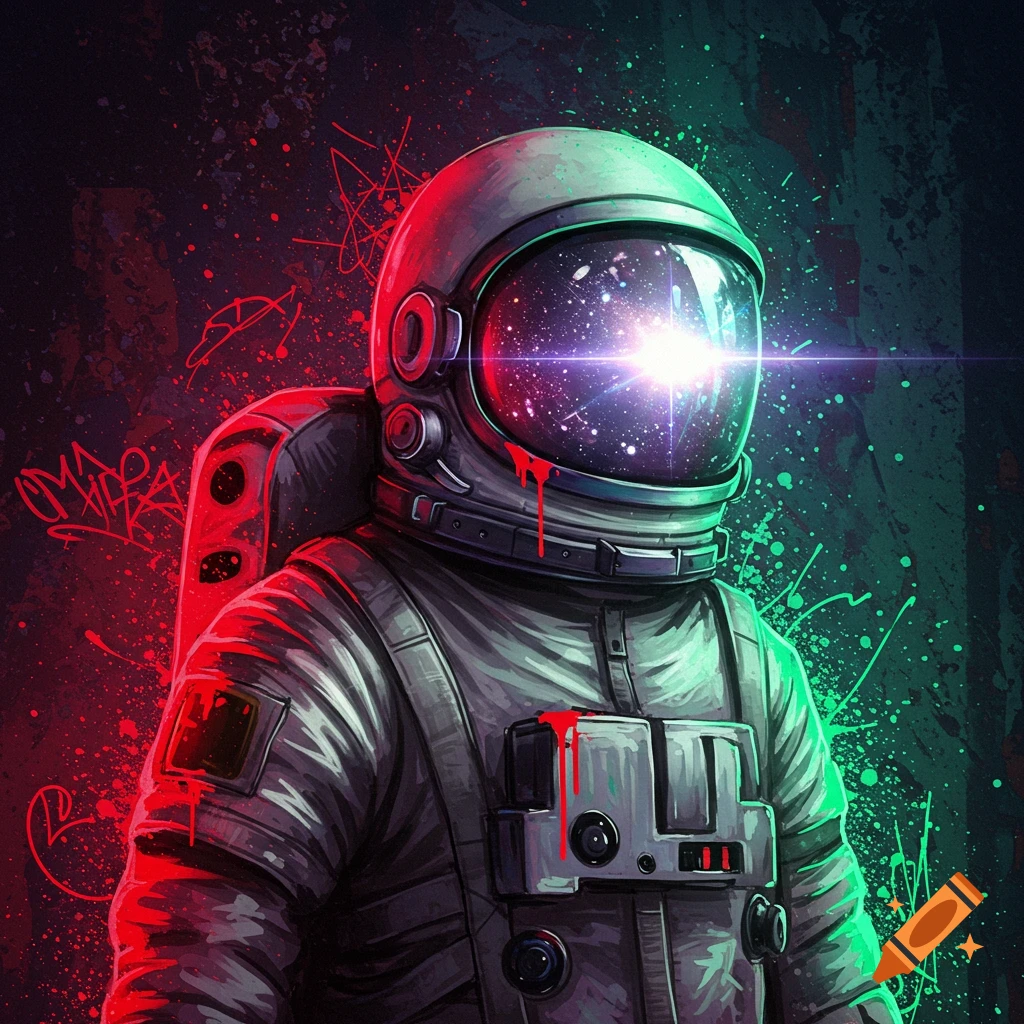 An astronaut in a spacesuit in a vibrant graffiti style, with a realistic helmet reflecting a starry sky. Red and green neon paint splatters and abstract lines surround the figure.