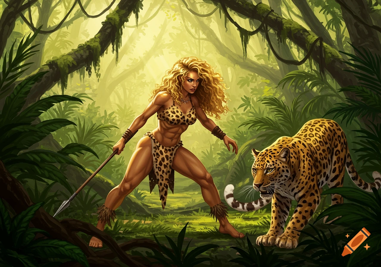 Muscular blonde woman in leopard print loincloth with a spear confronts a leopard in a lush jungle, illustration.