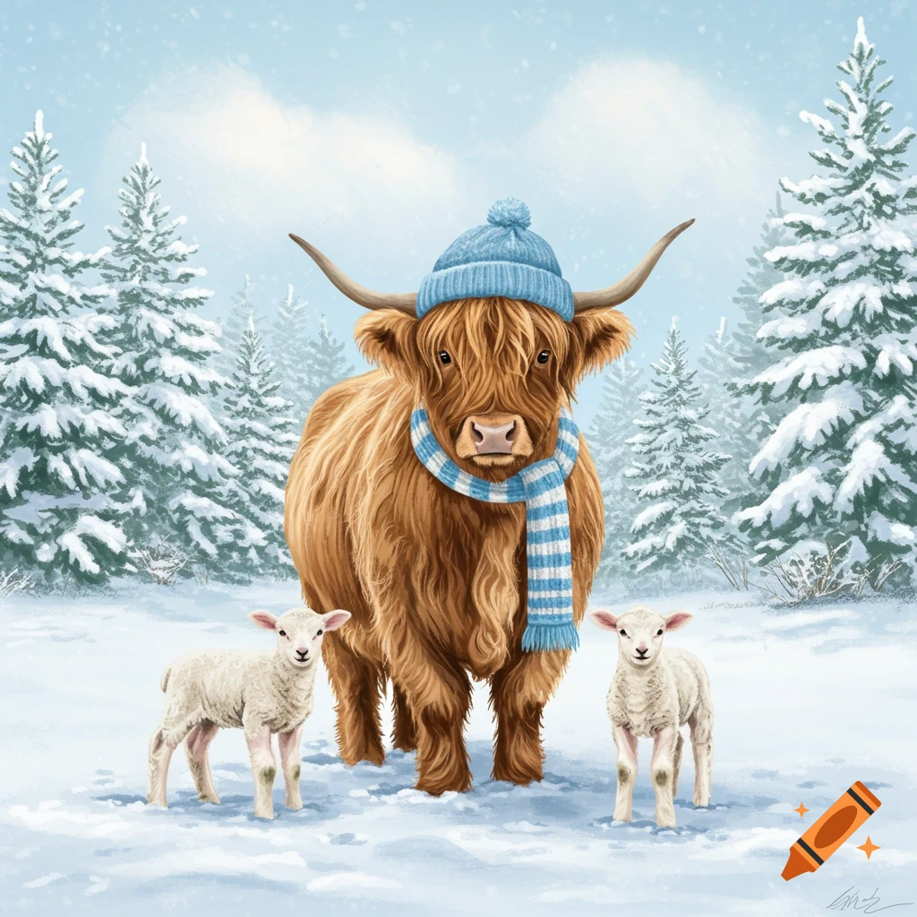 An illustrated fluffy Highland cow in a blue hat and striped scarf stands with two lambs in a serene, snowy winter forest.