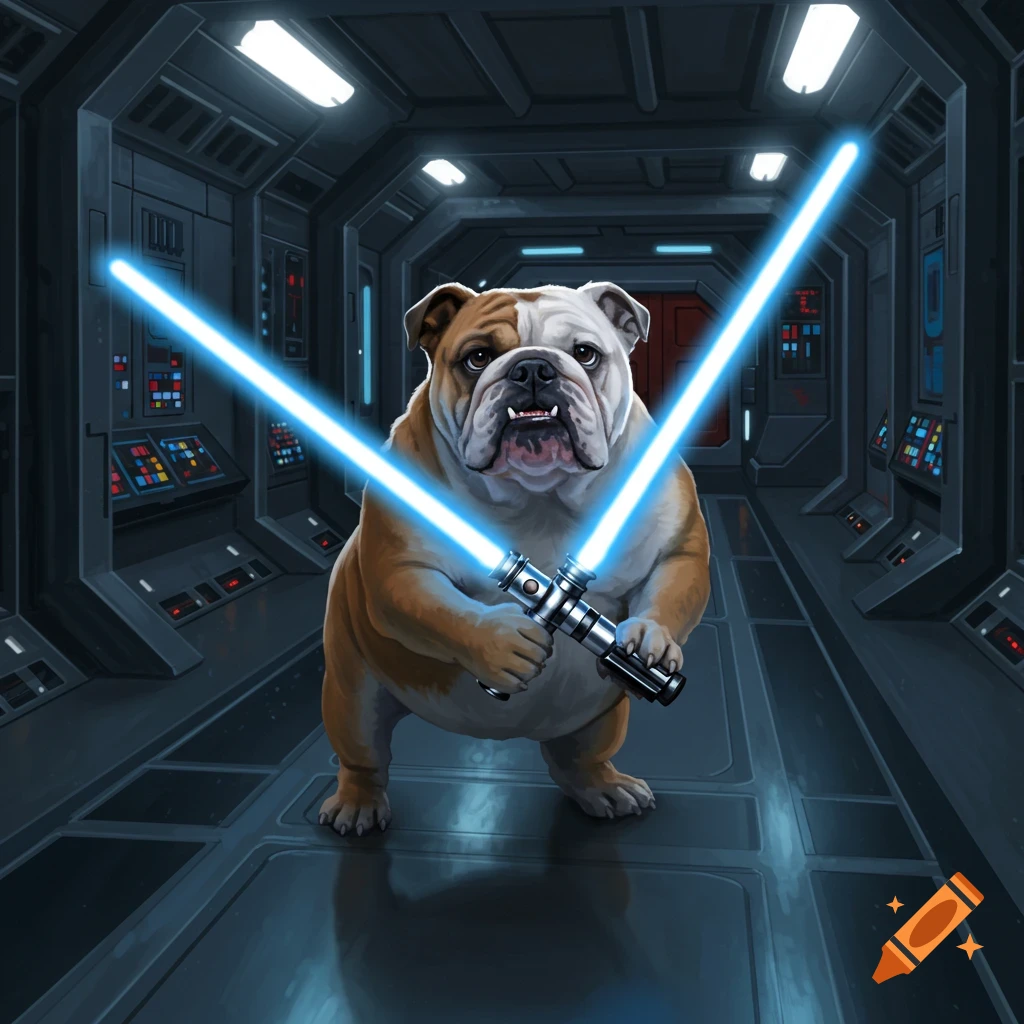 A cartoon bulldog holding two blue lightsabers stands in a dimly lit spaceship corridor.