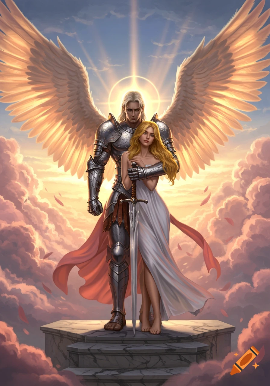 A majestic warrior angel in armor with huge glowing wings embraces a blonde woman holding a sword, on a cloud pedestal at sunset.