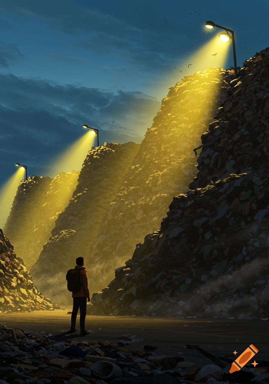 A person stands before mountains of trash under a dark sky, illuminated by yellow streetlights, in a digital illustration.