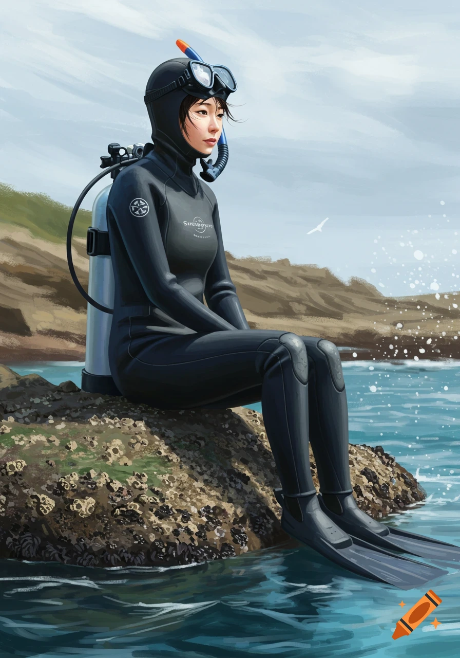 Illustration of a Japanese woman in a black wetsuit with diving gear, sitting on a rock by the ocean.