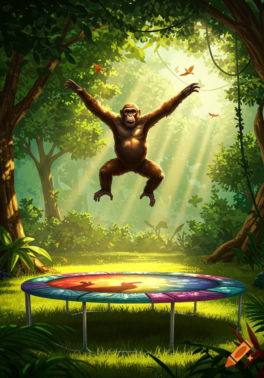 A cartoon ape leaps high above a colorful trampoline in a sun-dappled jungle.