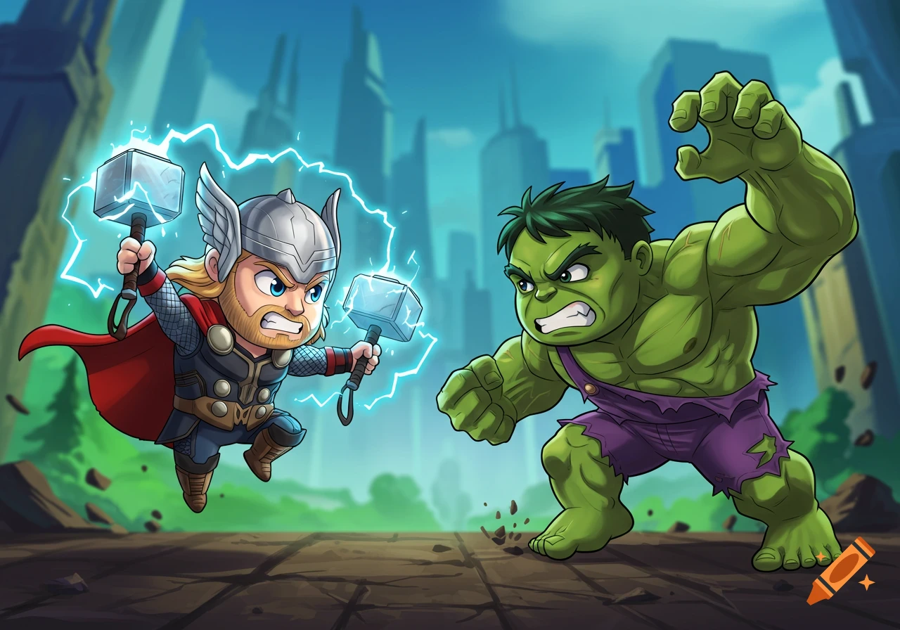 Chibi Thor, wielding two glowing Mjolnirs, floats above the ground, facing off against a powerful, angry Chibi Hulk, in an anime style.