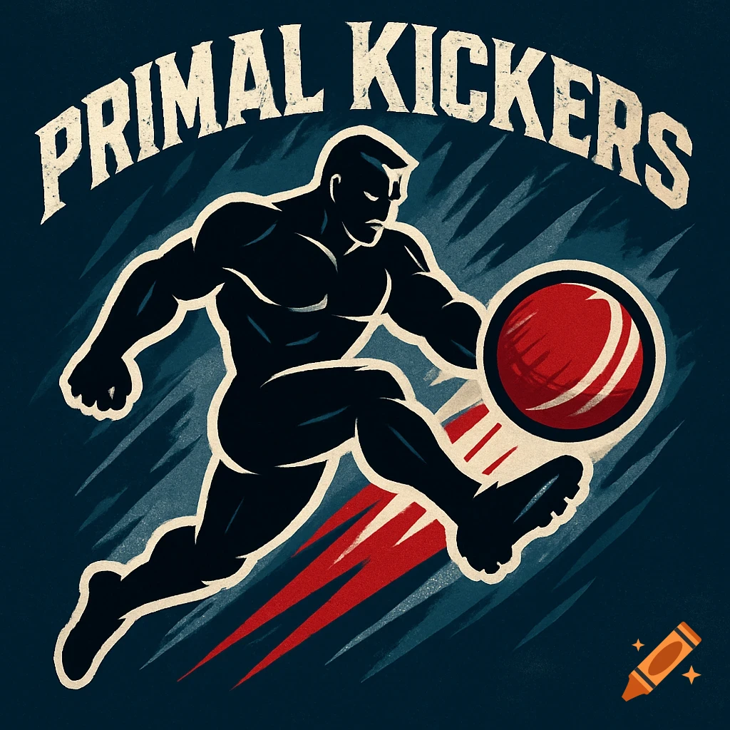 Vintage poster art of a muscular silhouette man kicking a red ball with the text 'PRIMAL KICKERS' above.