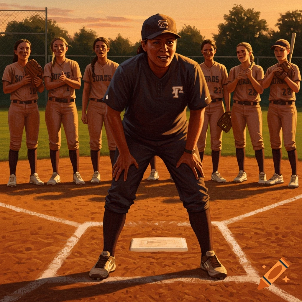 A softball coach in a dark uniform leans forward on a dirt field with her team of female players in tan uniforms standing behind her, sunset lighting.